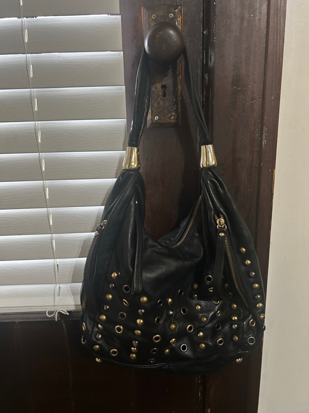 b. makowsky Black Hobo Bag with Gold Accents